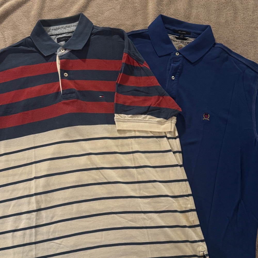 2 Vintage Tommy Hilfiger Men's Polo Shirts Solid Blue Red White Striped Logo